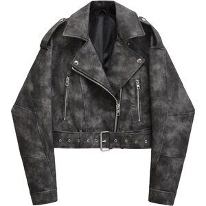 Women's Faux Leather Cropped Jacket Lapel Zipper Biker Short Coat Deep 2371 Camo